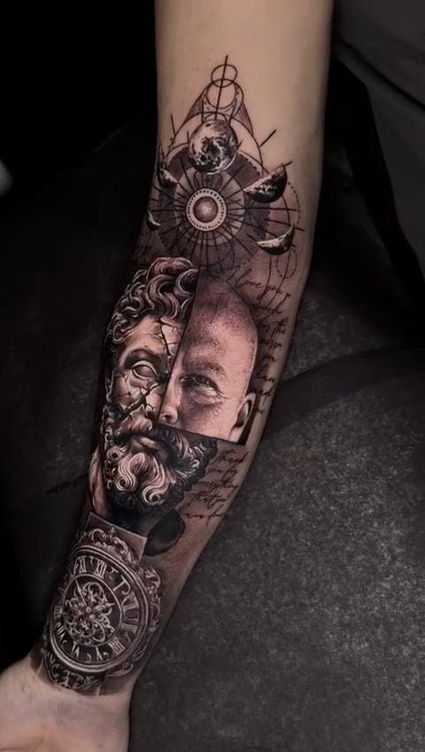 Statue & Zeitmesser, Unterarm, tätowiert bei INK ZONE ZÜRICH